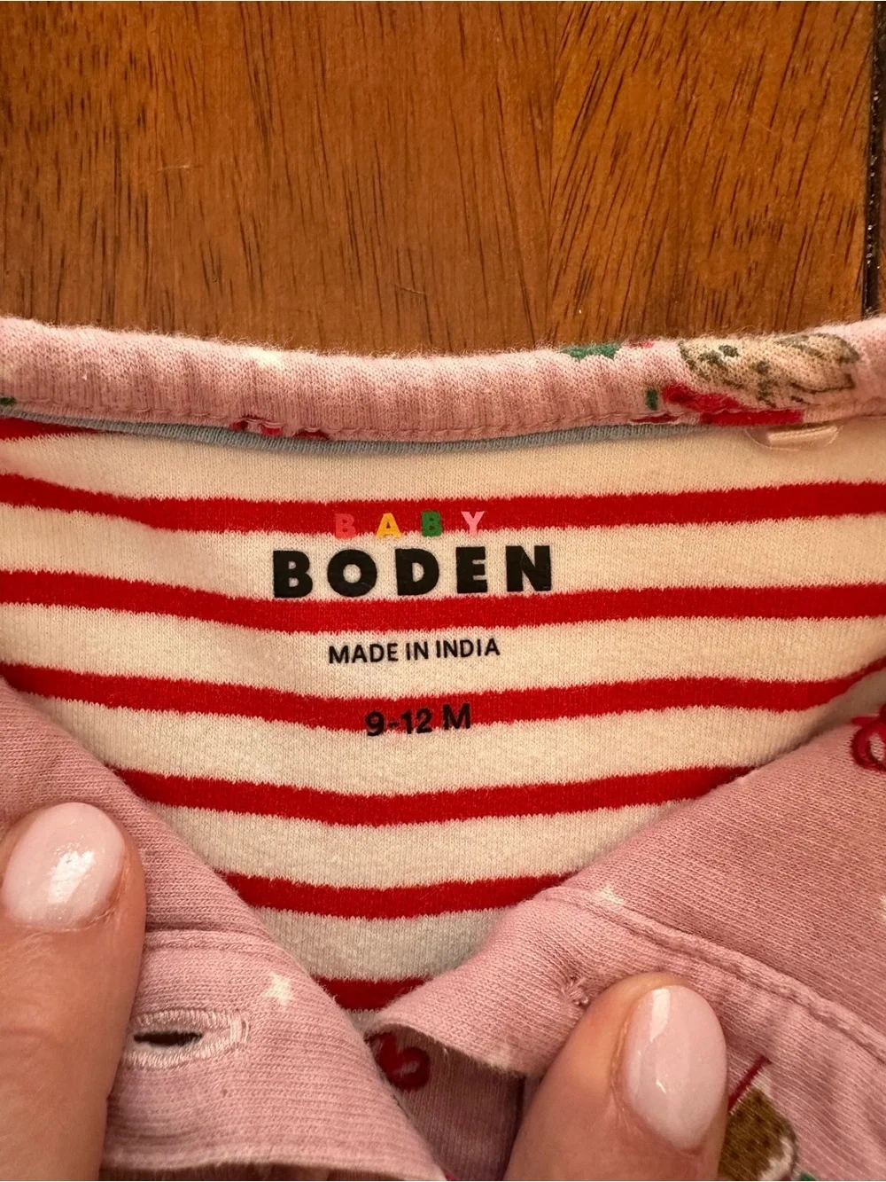 Baby Boden Pink Holiday Print Set with Red Stripe Pants